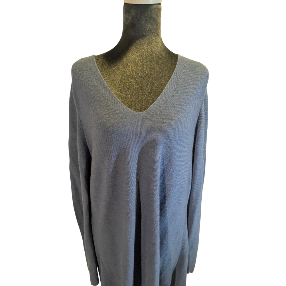 Eileen Fisher Womens XL Blue Merino Wool V-Neck Tunic Sweater Lagenlook Coastal